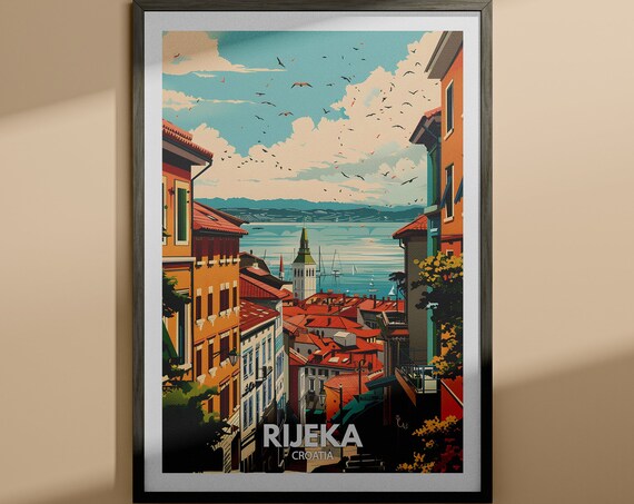 Rijeka Croatia Adriatic Coast Red Roofs Vintage Travel Poster