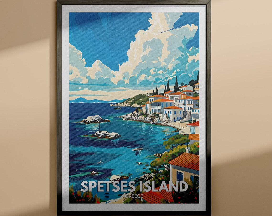 Spetses Island Greece White Houses Aegean Sea Coastline Travel Poster