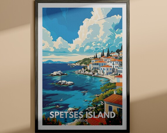 Spetses Island Greece White Houses Aegean Sea Coastline Travel Poster