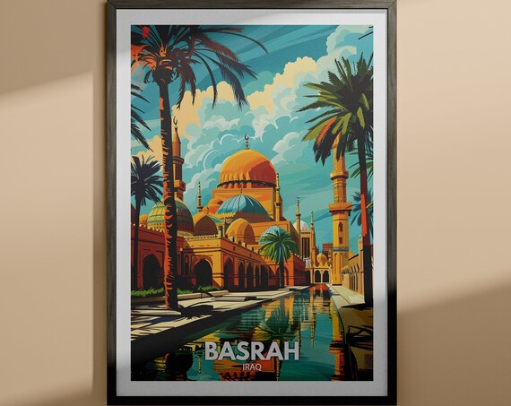 Basrah Iraq Golden Mosque Domes Palms Canal Vintage Travel Poster