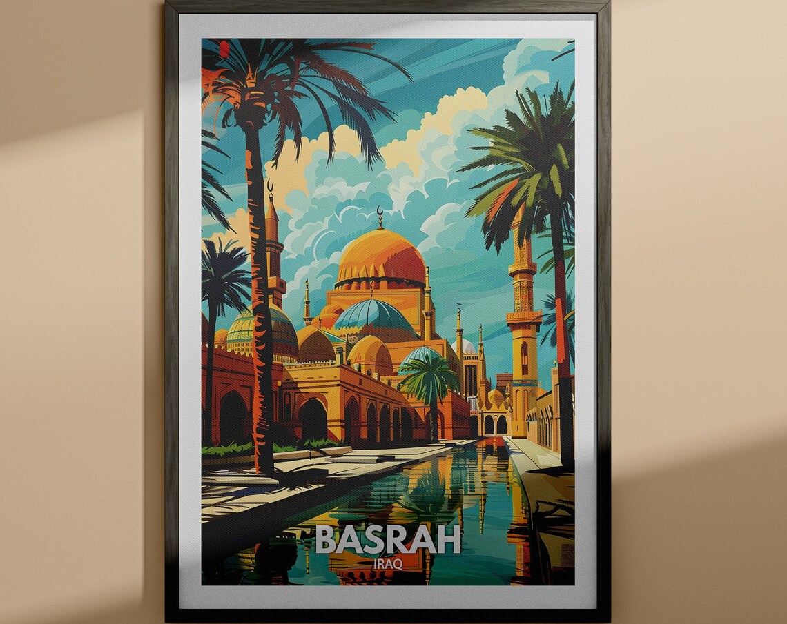 Basrah Iraq Golden Mosque Domes Palms Canal Vintage Travel Poster