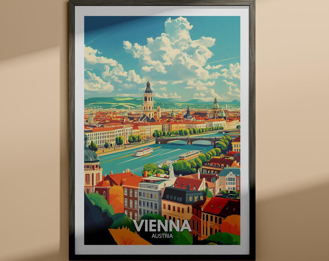 Vienna Austria Danube River Skyline Church Tower Vintage Travel Poster