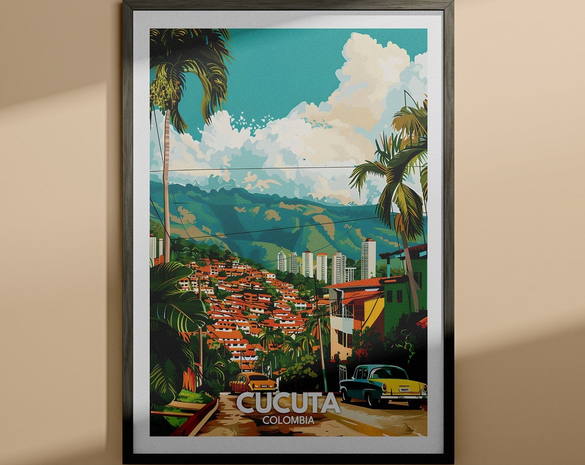Cucuta Colombia Hillside Town Red Roofs Mountain Vintage Poster Art