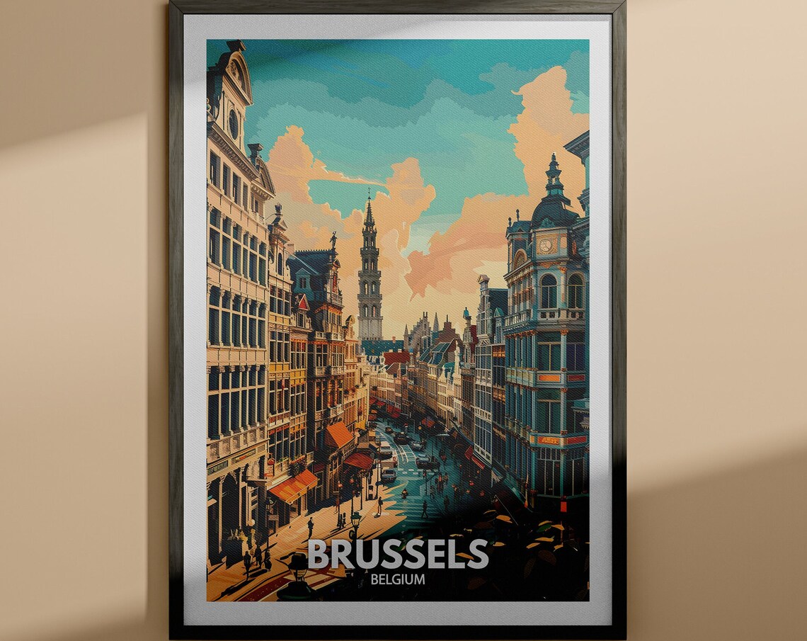 Brussels Belgium Historic Guildhall Street Vintage Travel Poster