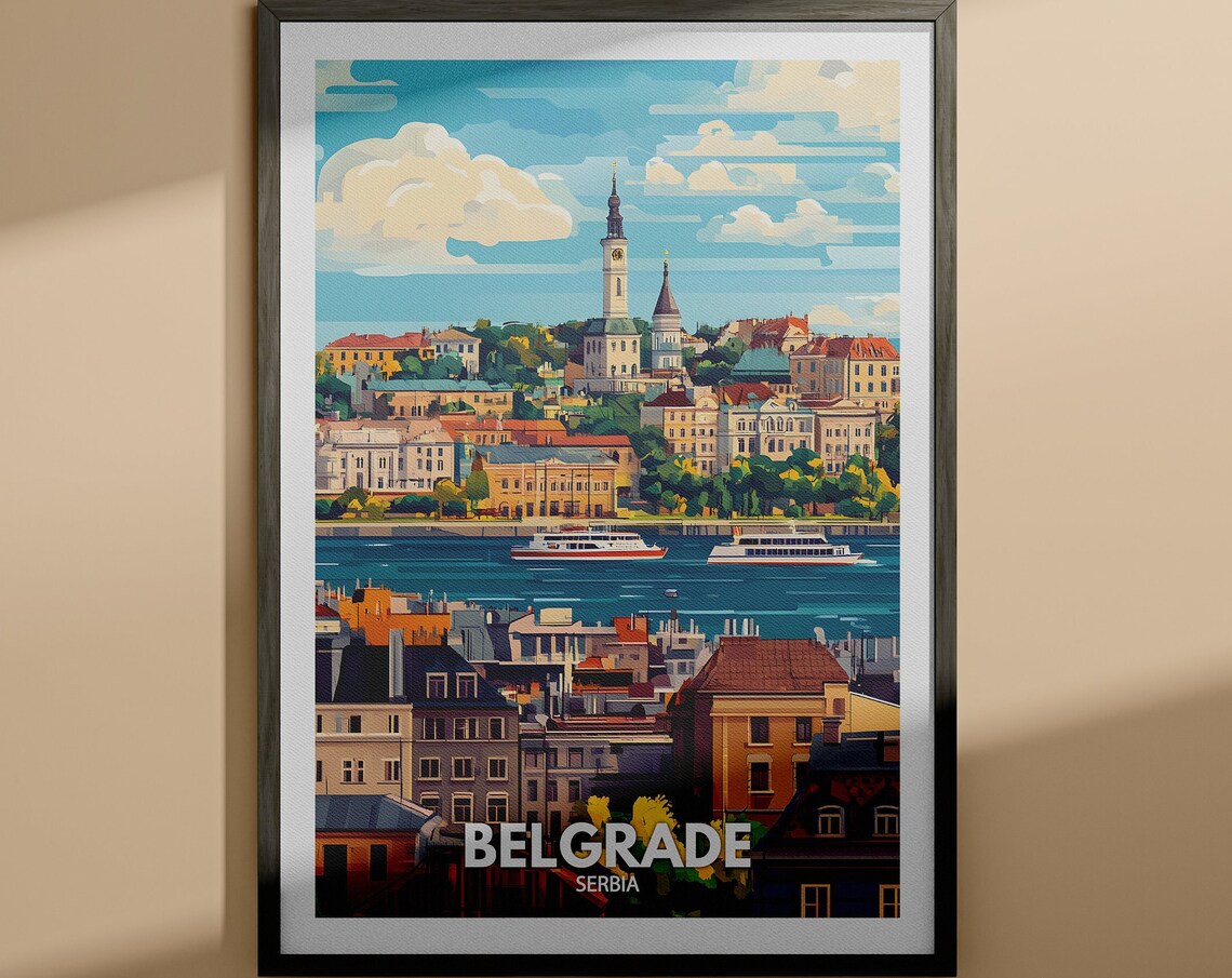 Belgrade Serbia Riverside Old Town Boats Retro Travel Poster