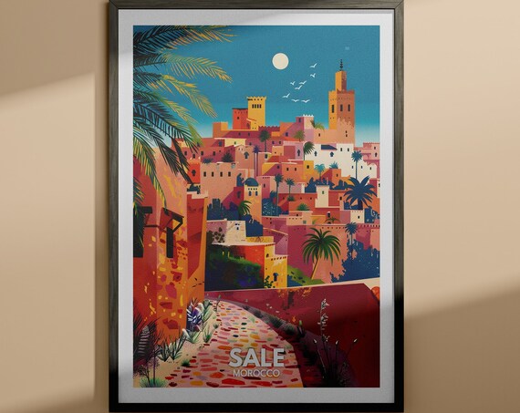 Sale Morocco Colorful Night Medina Old Town Vintage Travel Poster