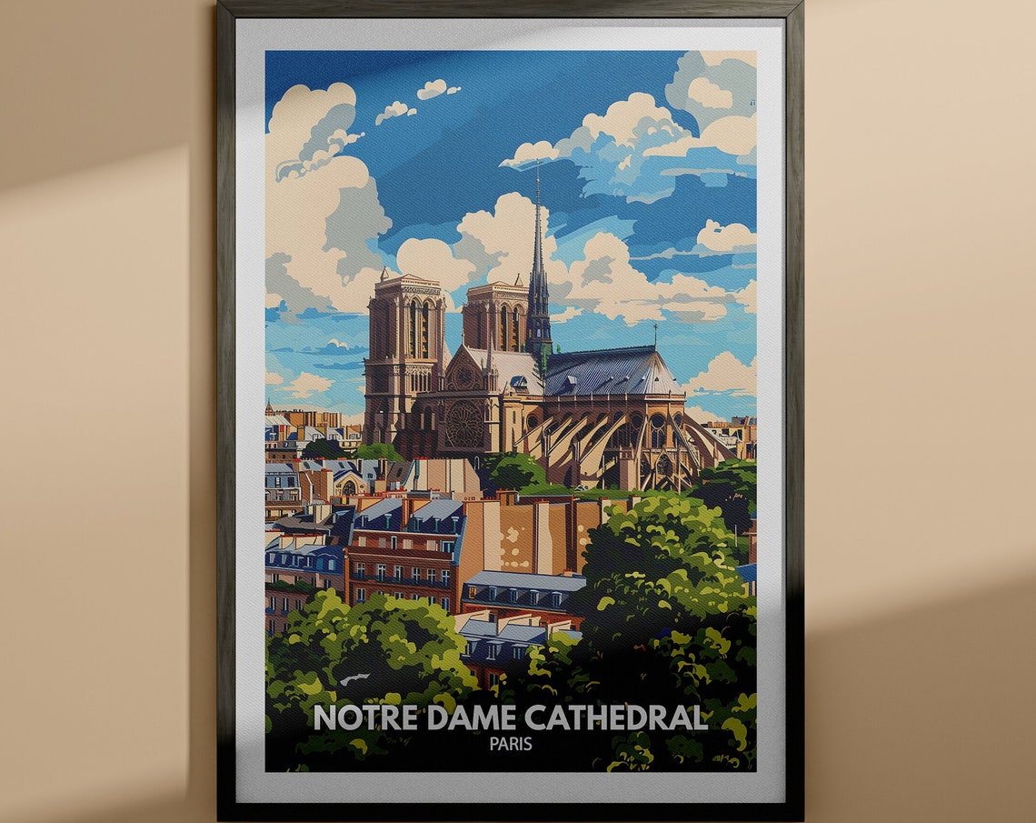 Notre Dame Cathedral Paris Gothic Landmark Vintage Travel Poster