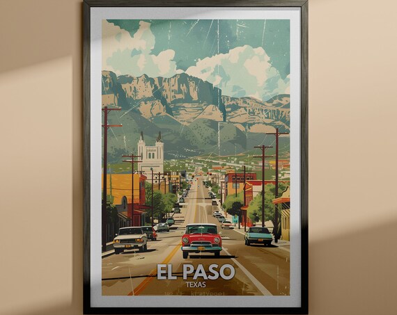 El Paso Texas Downtown Street Classic Cars Mountain Travel Poster