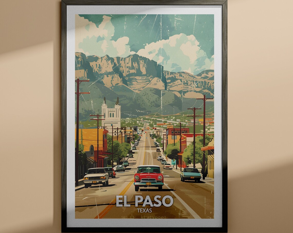 El Paso Texas Downtown Street Classic Cars Mountain Travel Poster