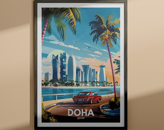 Doha Qatar Vintage Skyline Palm Tree Waterfront Travel Poster