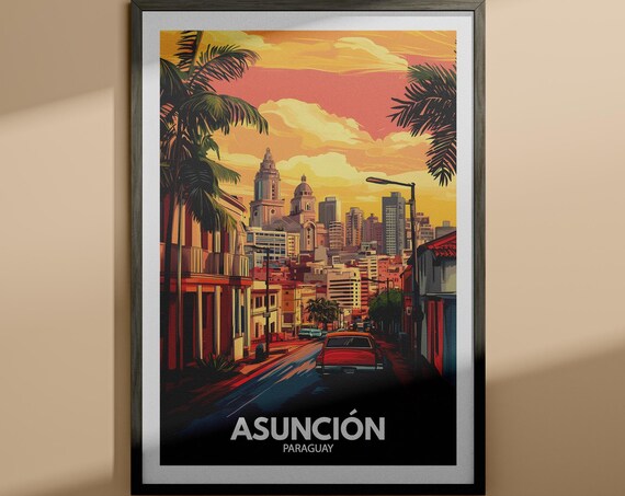 Asuncion Paraguay Sunset Street Classic Car Travel Poster Art