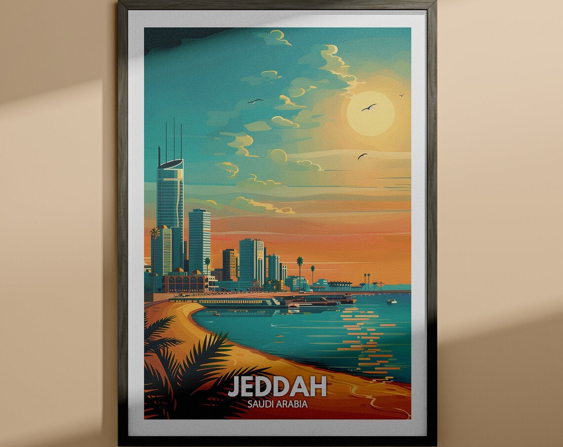 Jeddah Saudi Arabia Waterfront Sunset Skyline Vintage Travel Poster