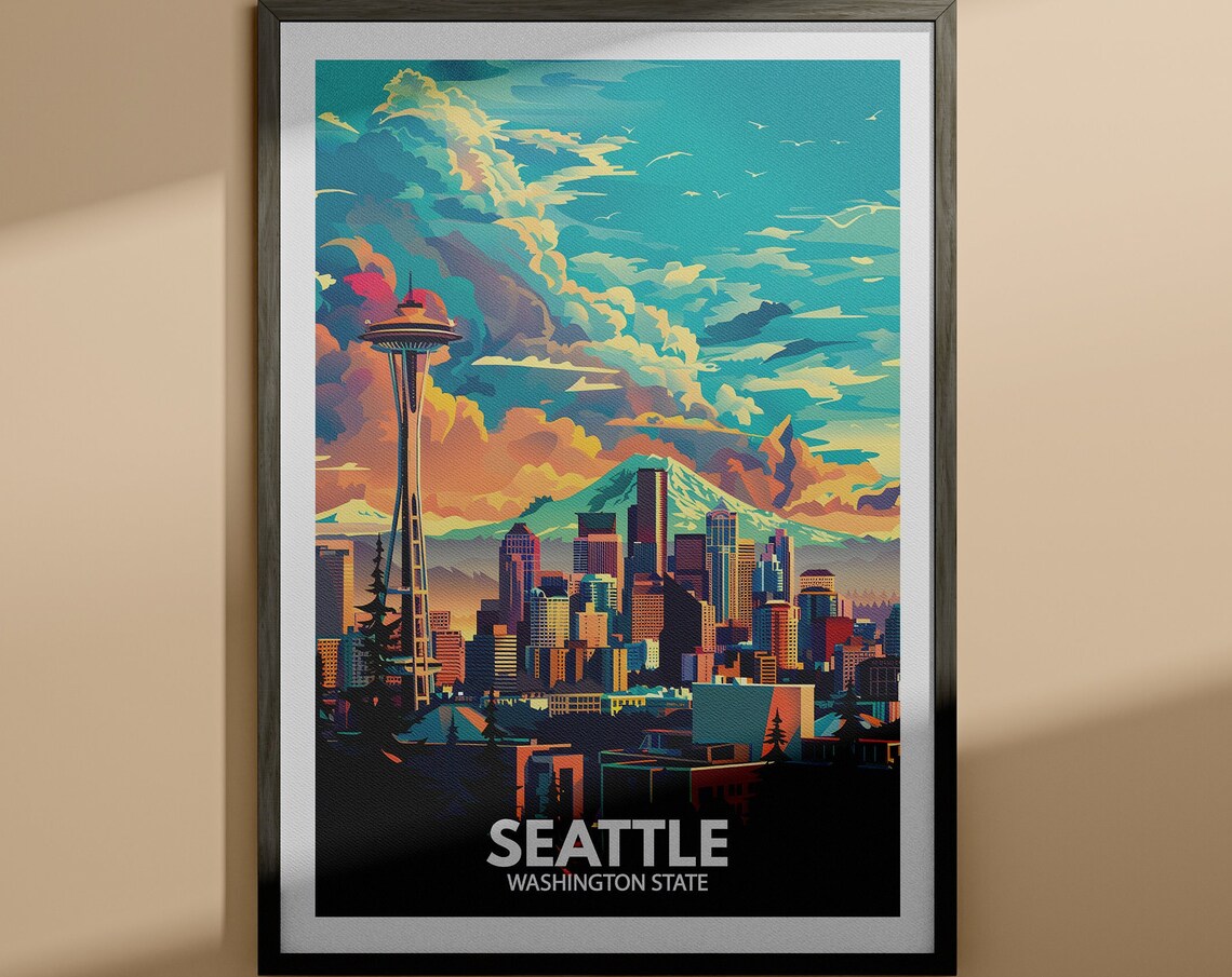 Seattle Washington State Skyline Mount Rainier Retro Travel Poster