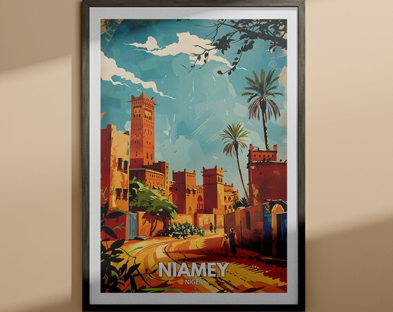 Niamey Niger Adobe Old Town Street Scene Vintage Travel Poster