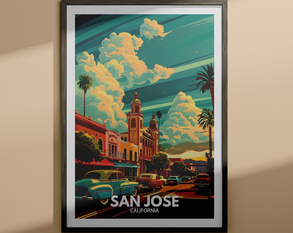 San Jose California Vintage Street Scene Sunset Travel Poster