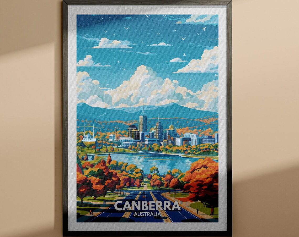 Canberra Australia Autumn Lake Cityscape Retro Travel Poster