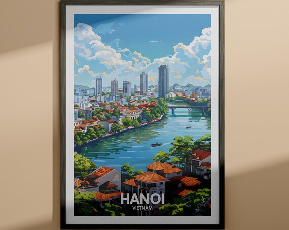 Hanoi Vietnam Skyline River Red Roof Cityscape Vintage Travel Poster
