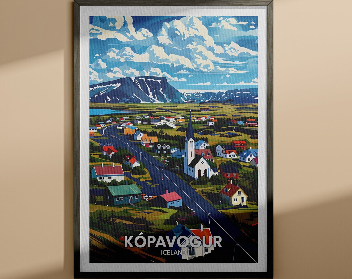 Kopavogur Iceland Church Town Street Aerial View Travel Poster