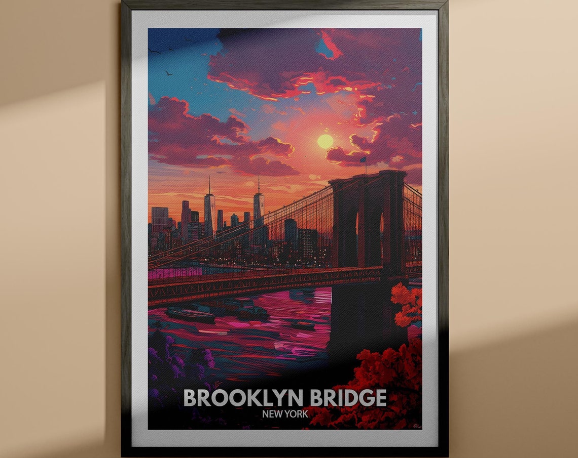 Brooklyn Bridge New York City Sunset Skyline Travel Art Poster