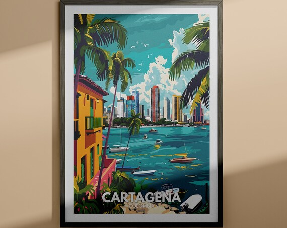 Cartagena Colombia Harbor Palms Colorful Waterfront Travel Poster