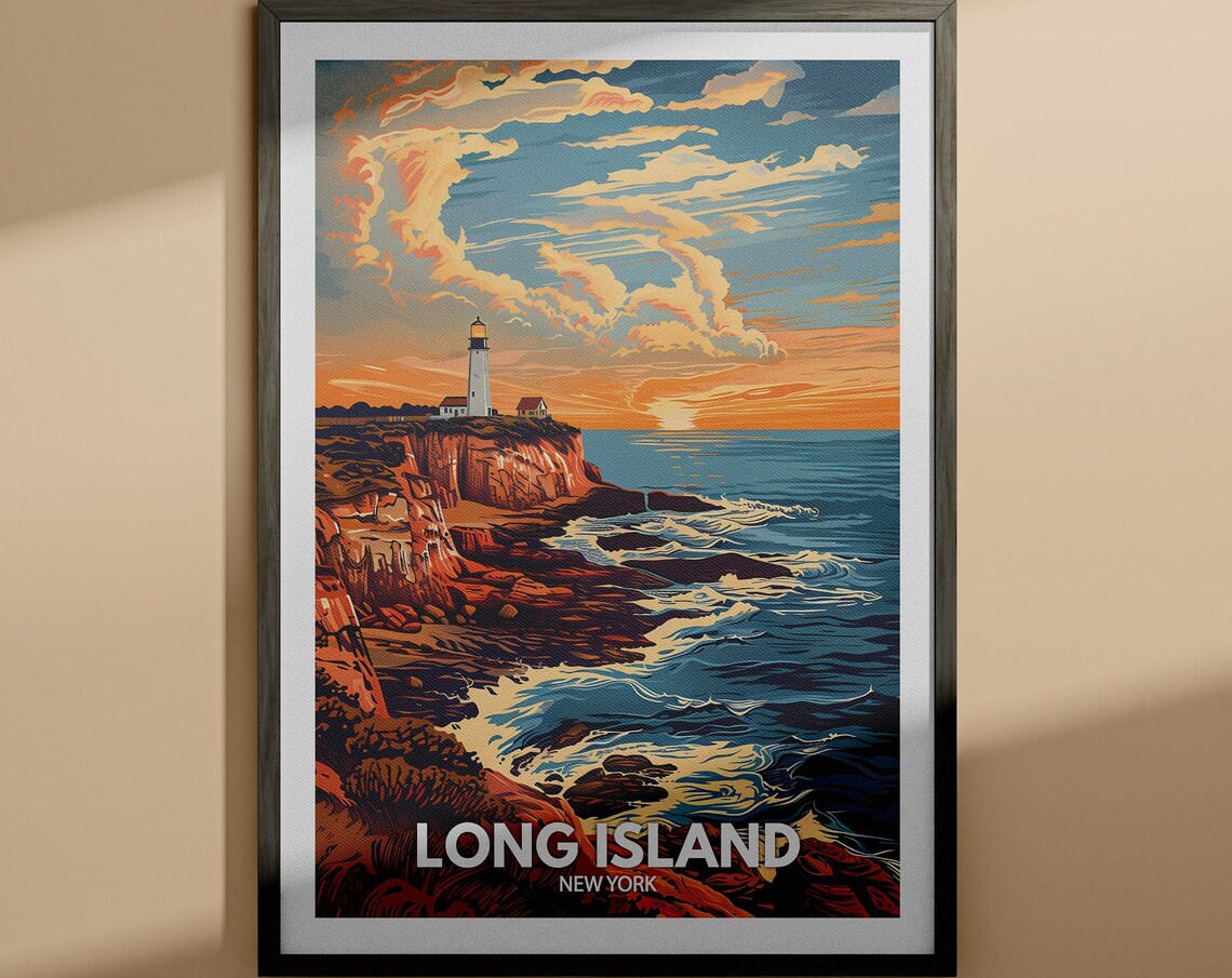 Long Island New York Lighthouse Rocky Coast Sunset Travel Poster