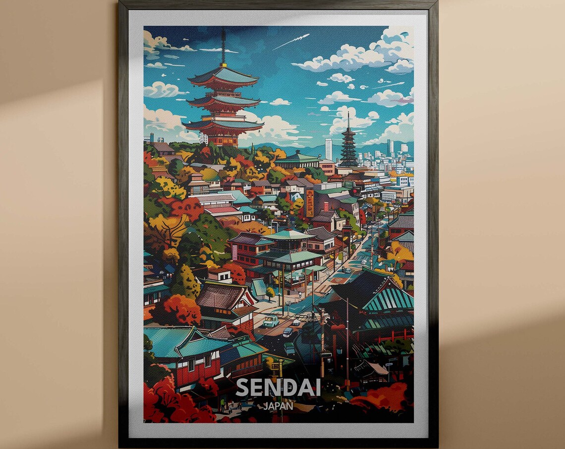 Sendai Japan Travel Poster Five Story Pagoda Autumn Cityscape View