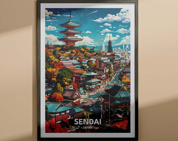 Sendai Japan Travel Poster Five Story Pagoda Autumn Cityscape View
