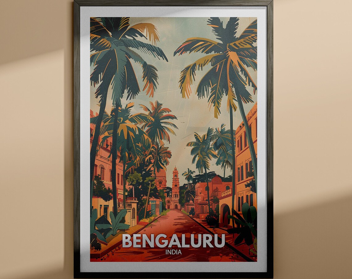 Bengaluru India Palm Lined Street Church Vintage Travel Poster