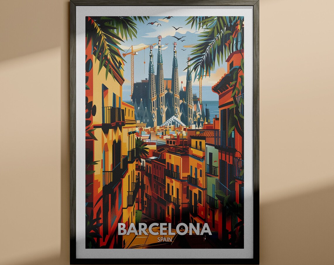 Barcelona Spain Sagrada Familia Street View Travel Art Poster