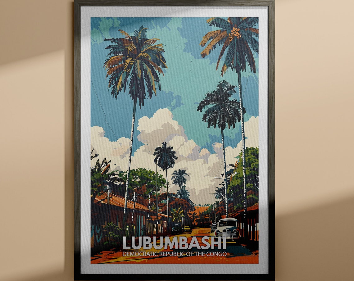 Lubumbashi Congo Palm Tree Street Scene Vintage Travel Poster