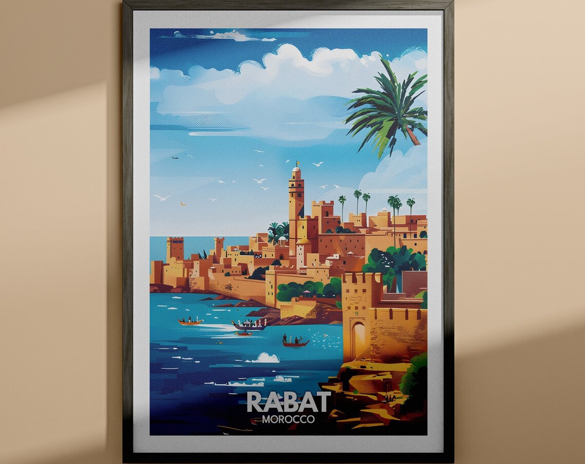 Rabat Morocco Coastal Kasbah Ocean View Vintage Travel Poster