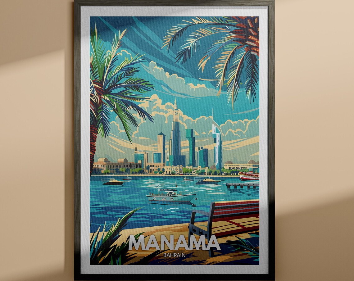 Manama Bahrain Waterfront Skyline Boats Harbor Travel Poster