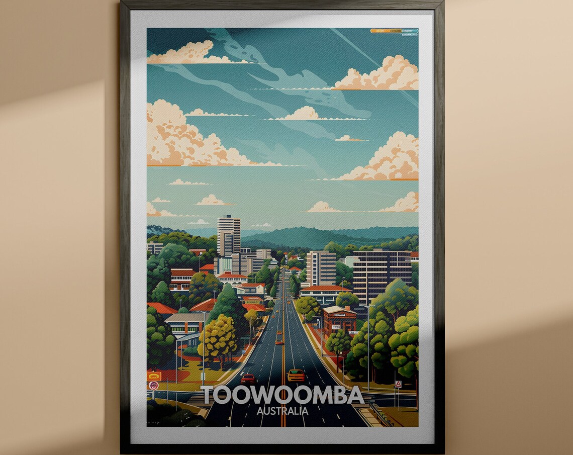 Toowoomba Australia City Skyline Avenue Retro Travel Art Poster