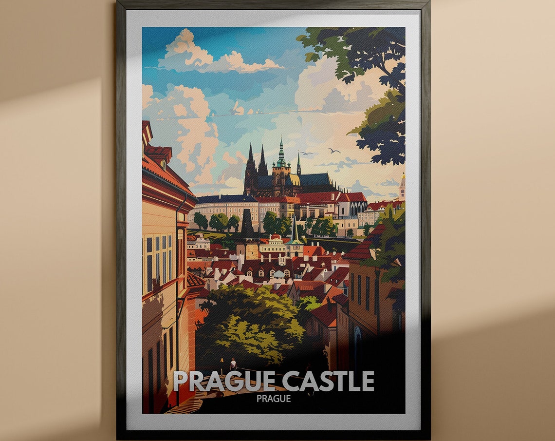Prague Castle Prague Old Town Rooftops Vintage Travel Poster