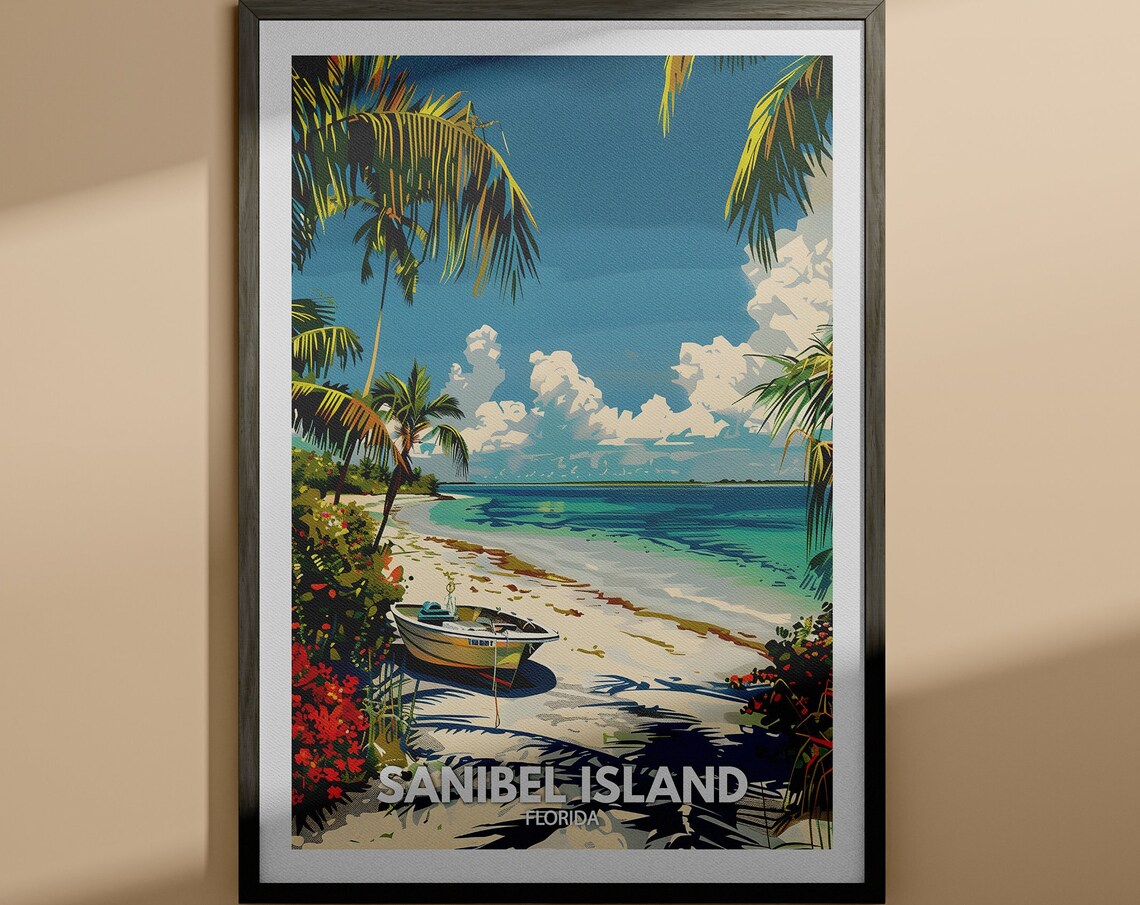 Sanibel Island Florida Beach Boat Palm Trees Turquoise Sea Poster