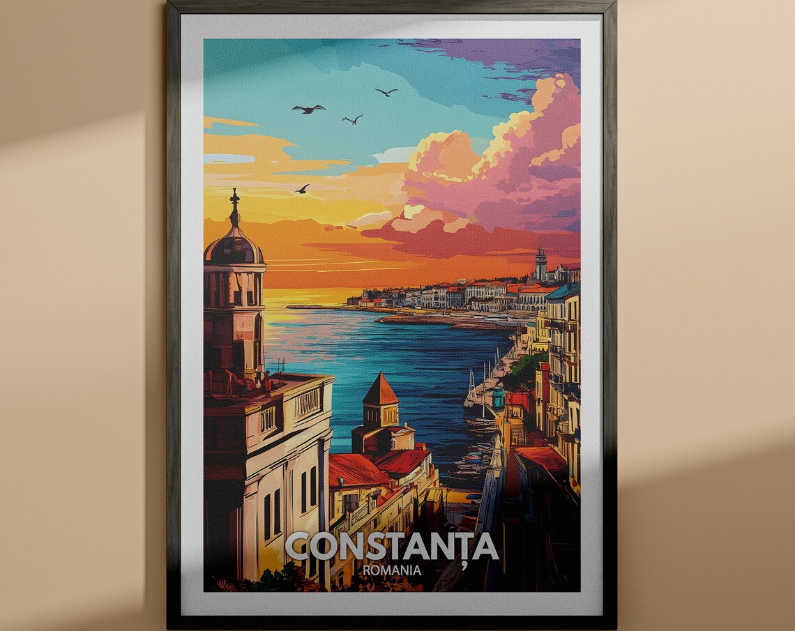 Constanta Romania Travel Poster Black Sea Harbor Sunset Cityscape