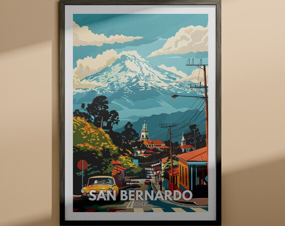 San Bernardo Chile Street Volcano View Vintage Travel Poster