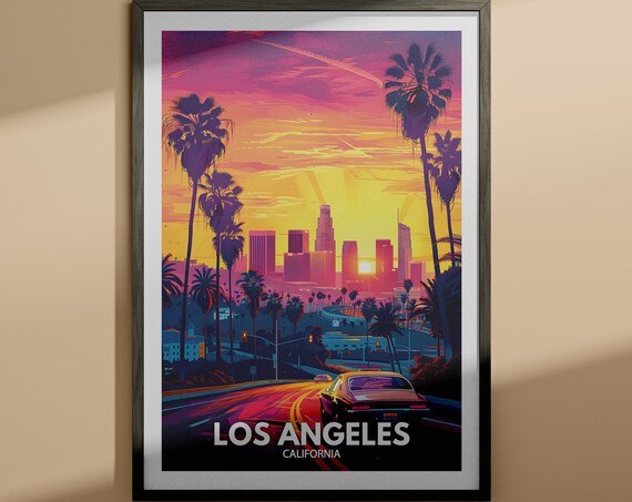 Los Angeles California Sunset Palm Skyline City Travel Poster