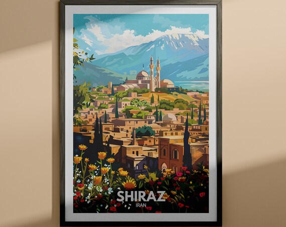 Shiraz Iran Mosque Domes Mountain Flowers Vintage Travel Poster