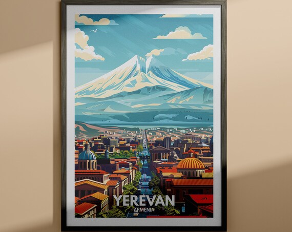 Yerevan Armenia Mount Ararat City Skyline Vintage Travel Poster