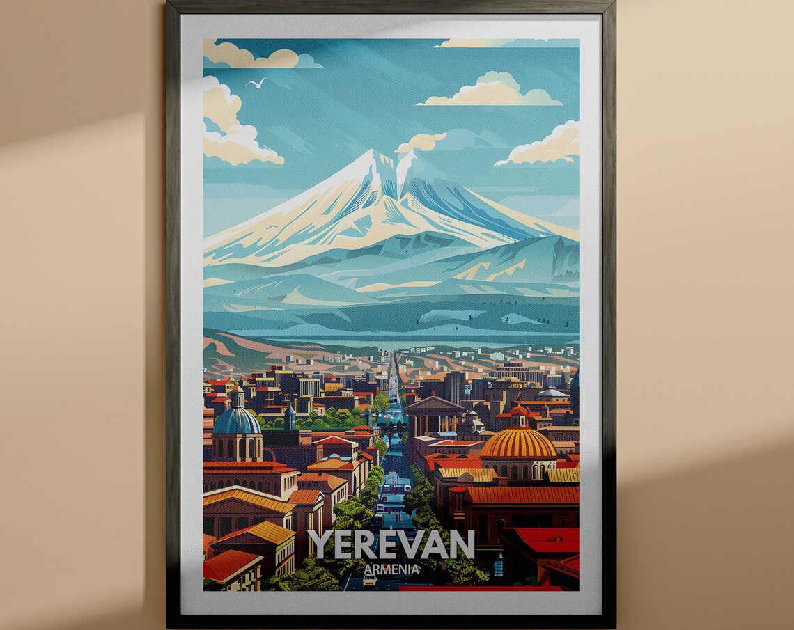 Yerevan Armenia Mount Ararat City Skyline Vintage Travel Poster