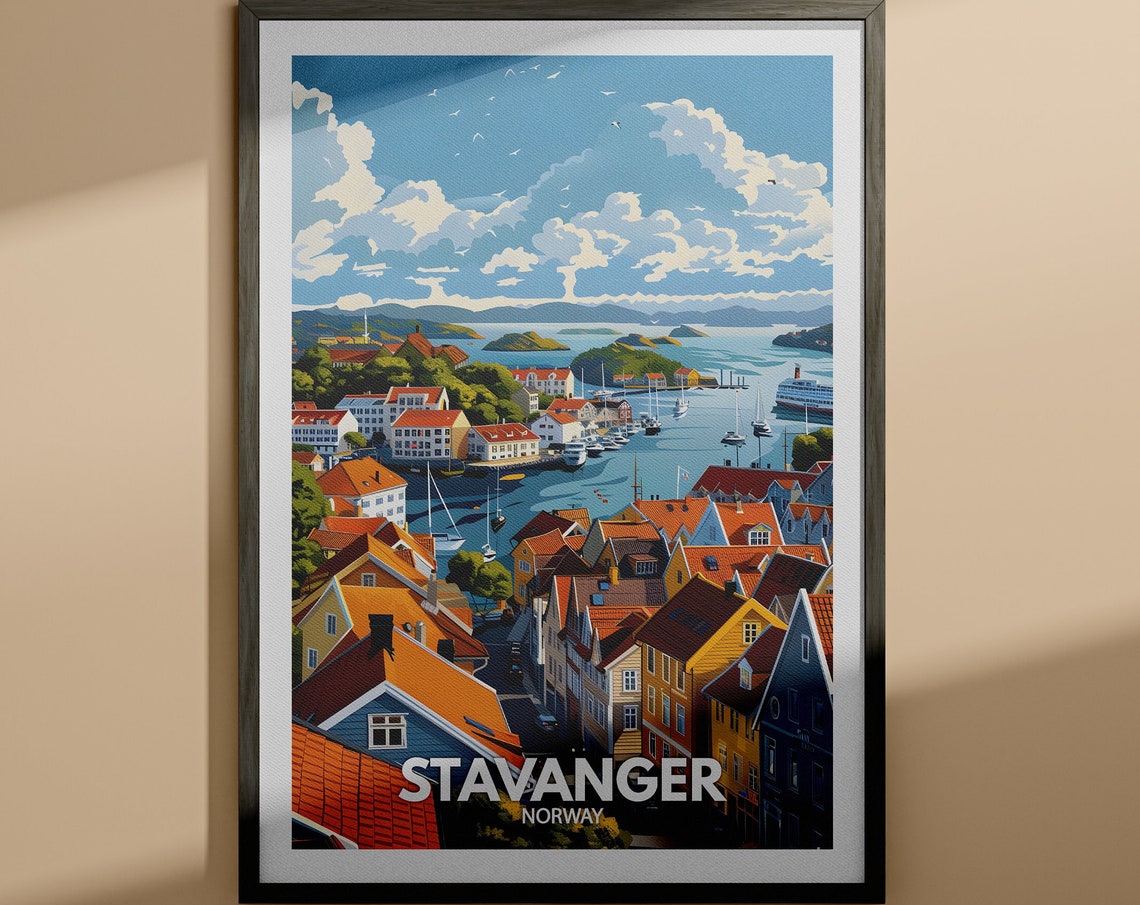 Stavanger Norway Old Town Harbour Red Roofs Vintage Travel Poster