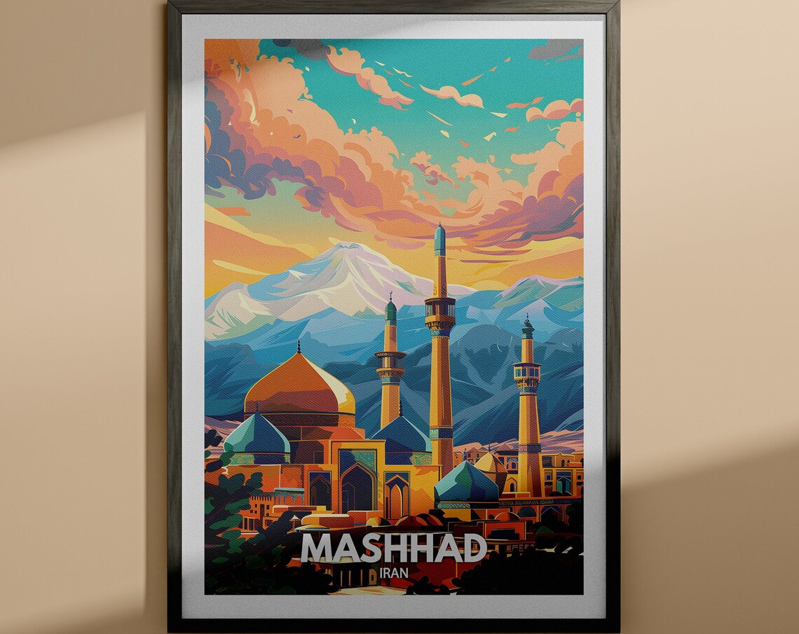 Mashhad Iran Golden Dome Minarets Snow Mountain Shrine Travel Poster