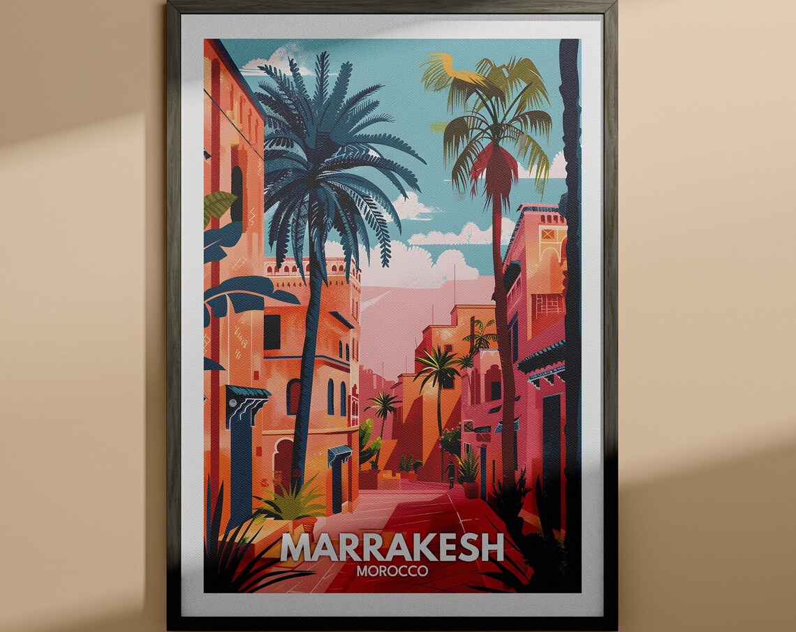 Marrakesh Morocco Old Medina Pink Streets Palm Trees Travel Art Poster