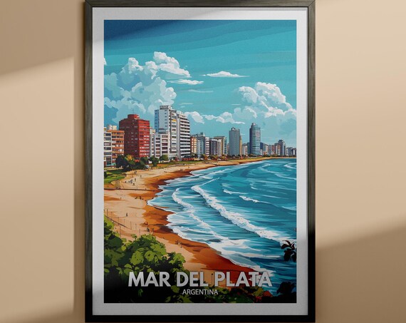 Mar Del Plata Argentina Sandy Beach Skyline Vintage Travel Poster