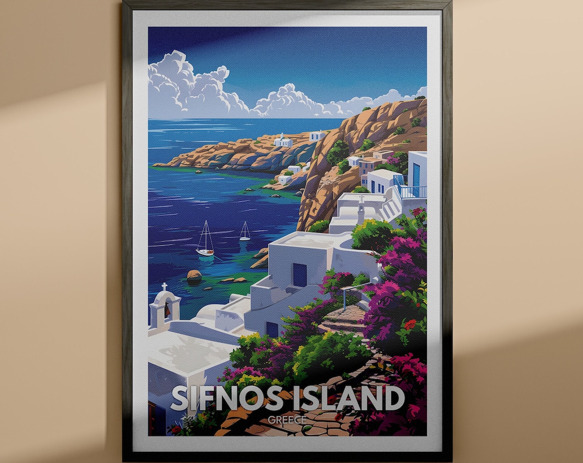 Sifnos Island Greece White Cliffside Houses with Flowers Travel Poster