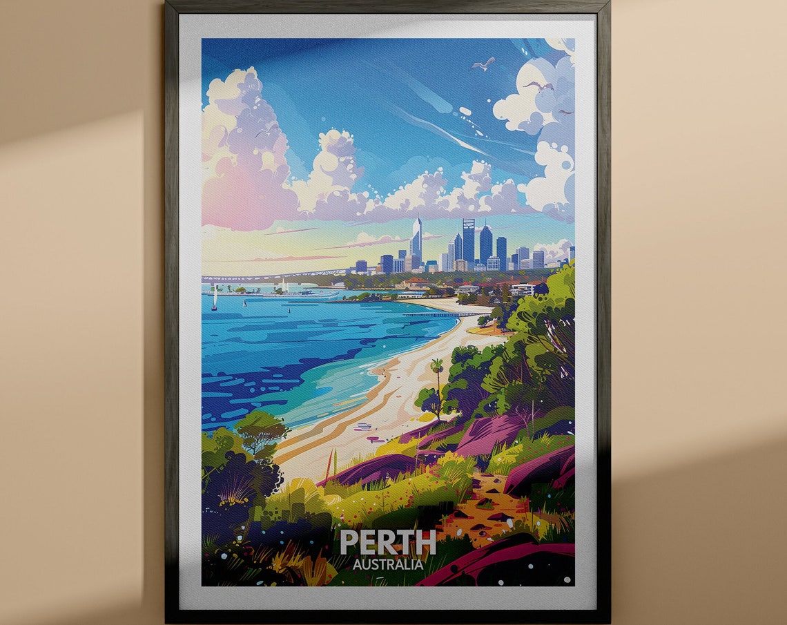 Perth Australia Swan River Skyline Coastal Sunset Travel Poster