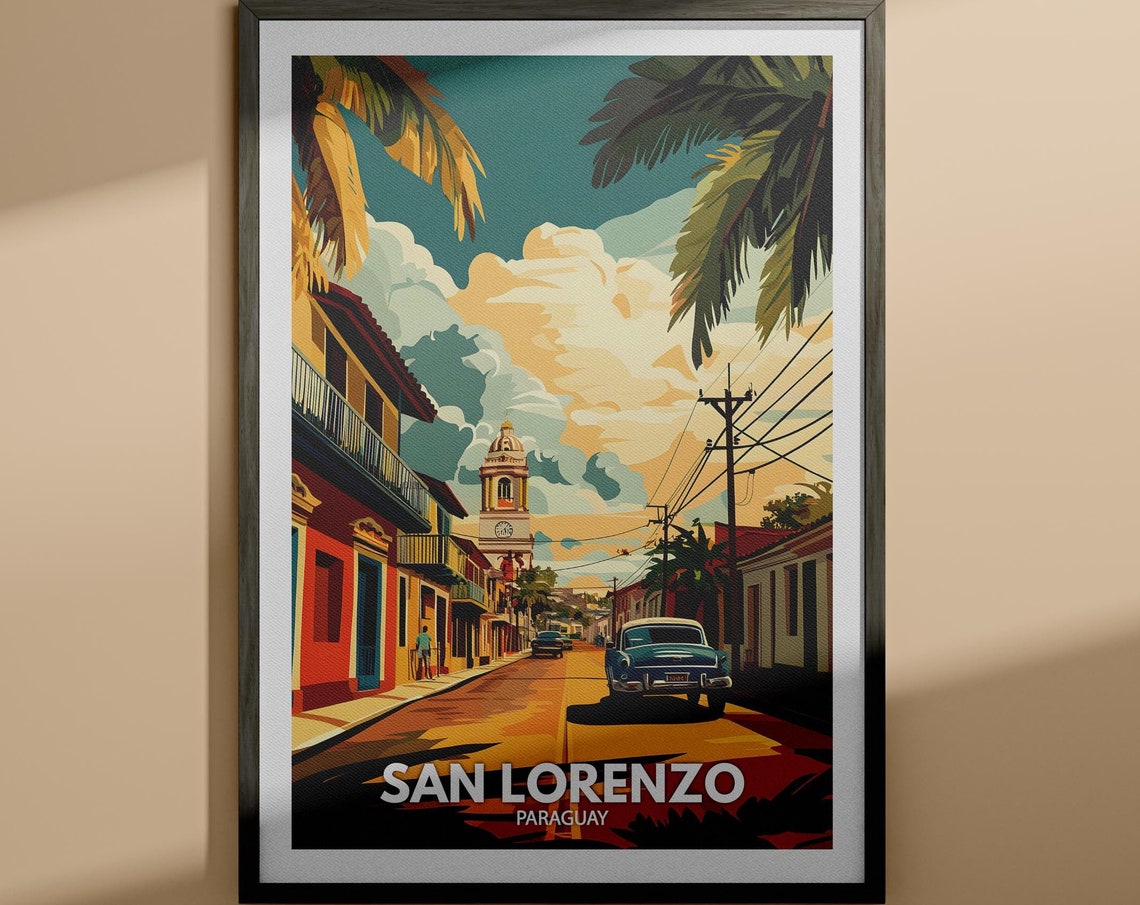 San Lorenzo Paraguay Classic Car Street Travel Poster Artwork