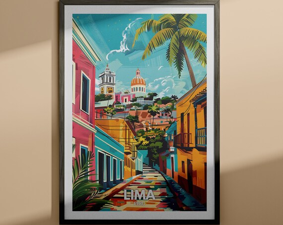 Lima Peru Colonial Street Church Dome Palm Vintage Travel Poster