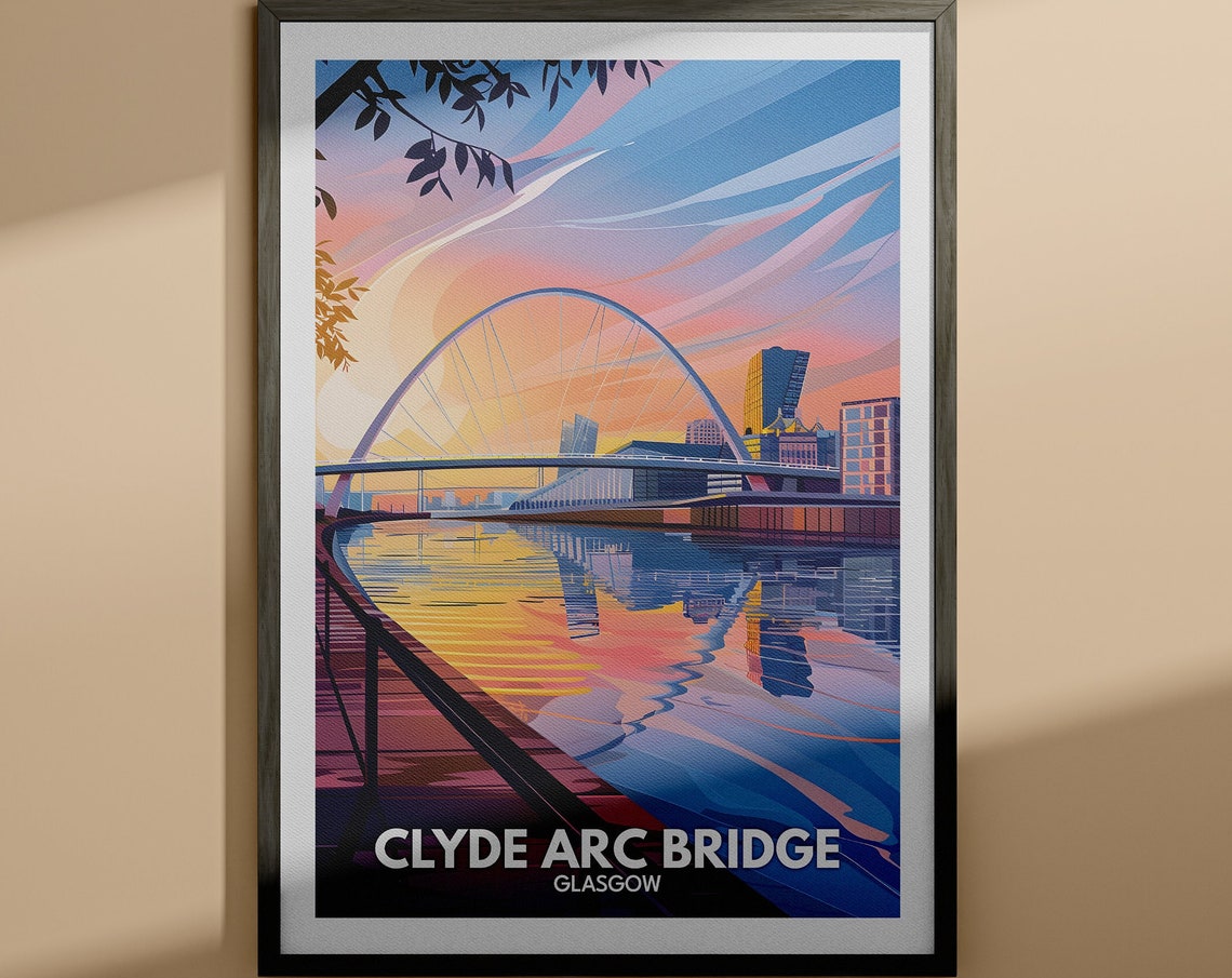 Clyde Arc Bridge Glasgow Sunset River Reflection Travel Poster